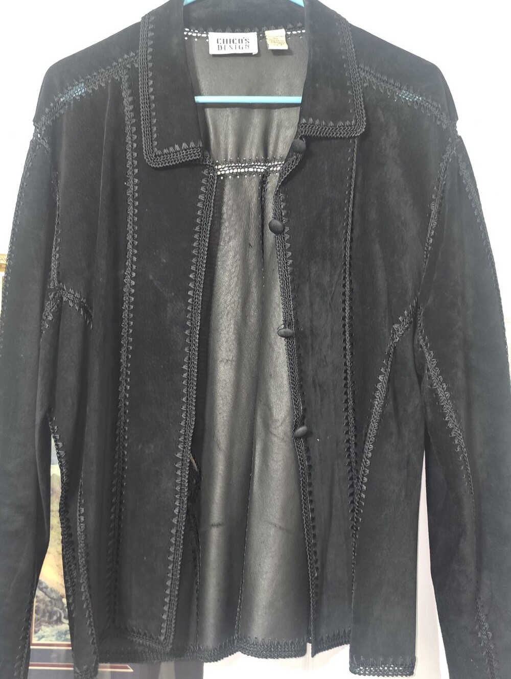 Chicos Black Leather Patchwork Jacket / Crochett Seems  Button Up Front